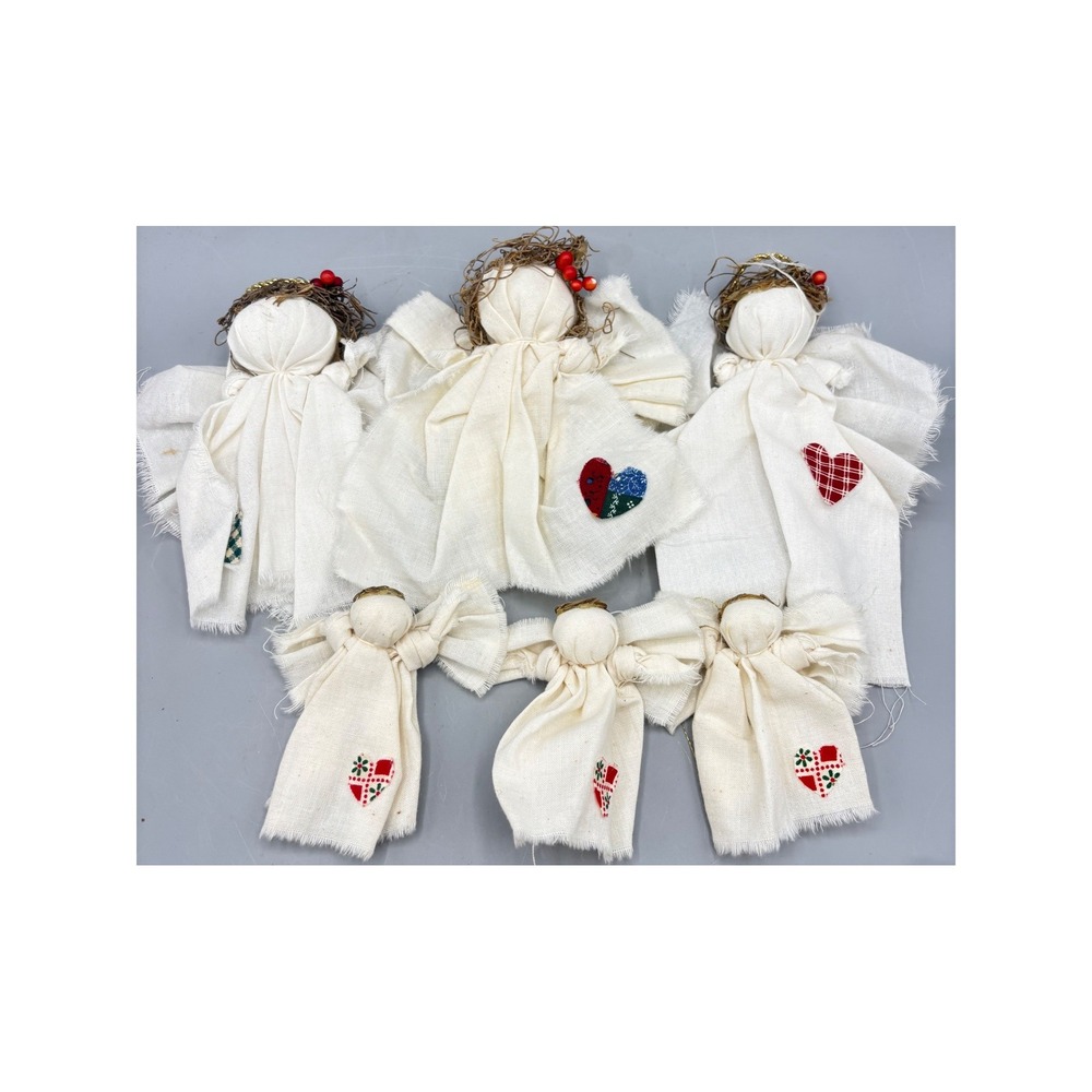 6 Vintage Primitive Fabric Angel Ornaments Rustic Christmas Farmhouse Decor